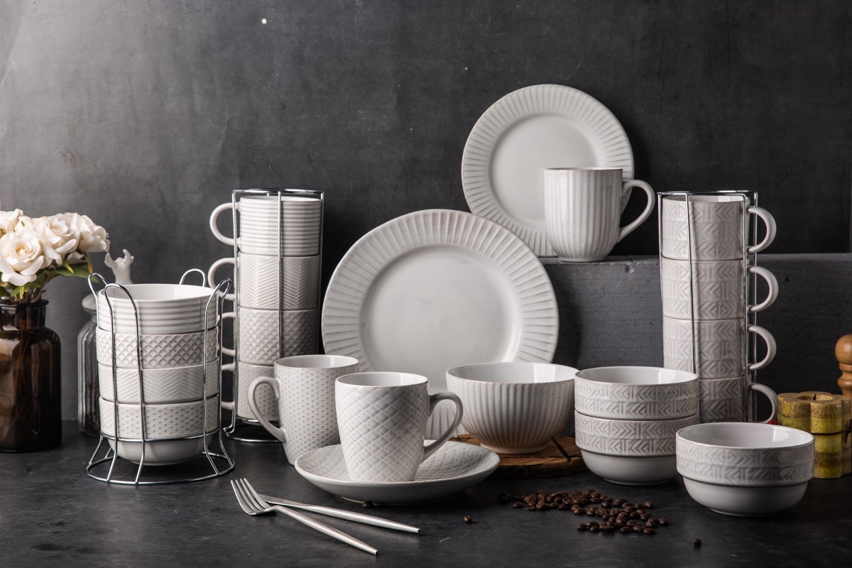 Stoneware White Dinnerware Set Embossed Pattern