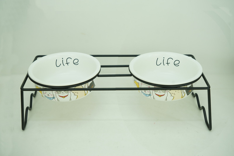 2x Stoneware 550ml Pet Bowl with Iron Holder PE9076