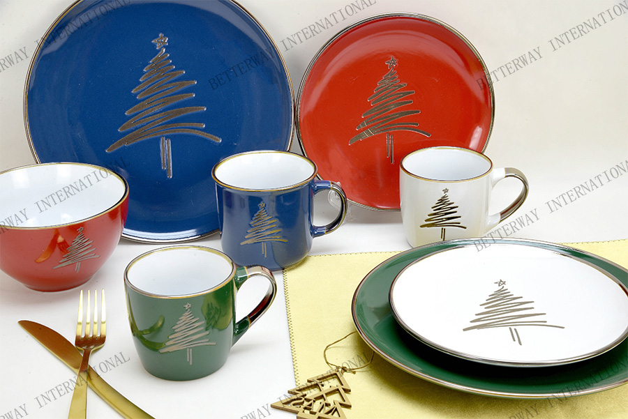 Stoneware Dinnerware Solid Color Engraved Metallic Christmas Pattern & Rim