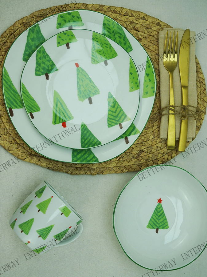 Porcelain Irregular Dinnerware with Christmas Tree Design & Green Rim