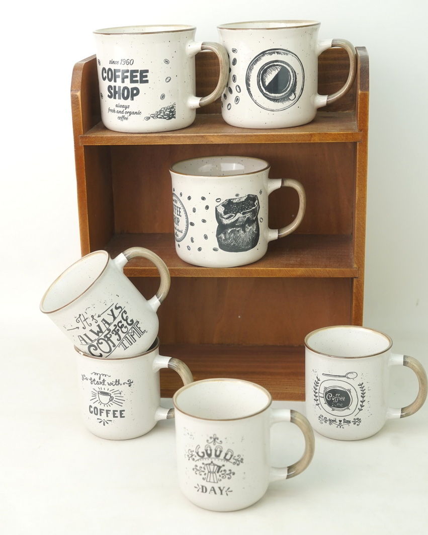Stoneware Coffee Mug Reactive Glaze Rim with Coffee Design