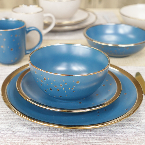 Stoneware Dinnerware Set Embossed Metallic Dots and Metallic Rim BH684