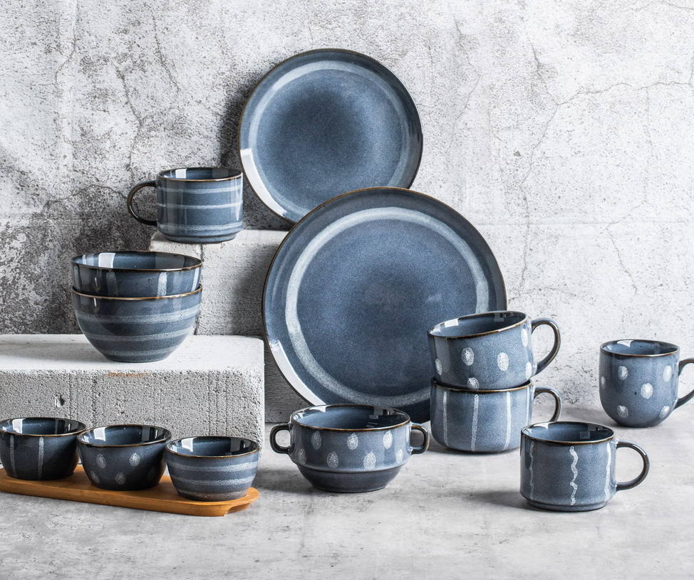 Stoneware Nordic Blue Dinnerware Set Handpainting Patterns