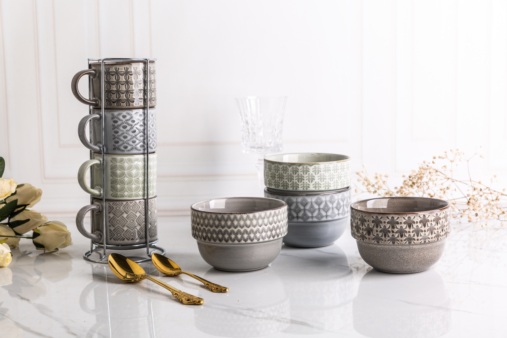 Stoneware Stackable Mug Bowl Set Reactive Glaze Embossed Pattern
