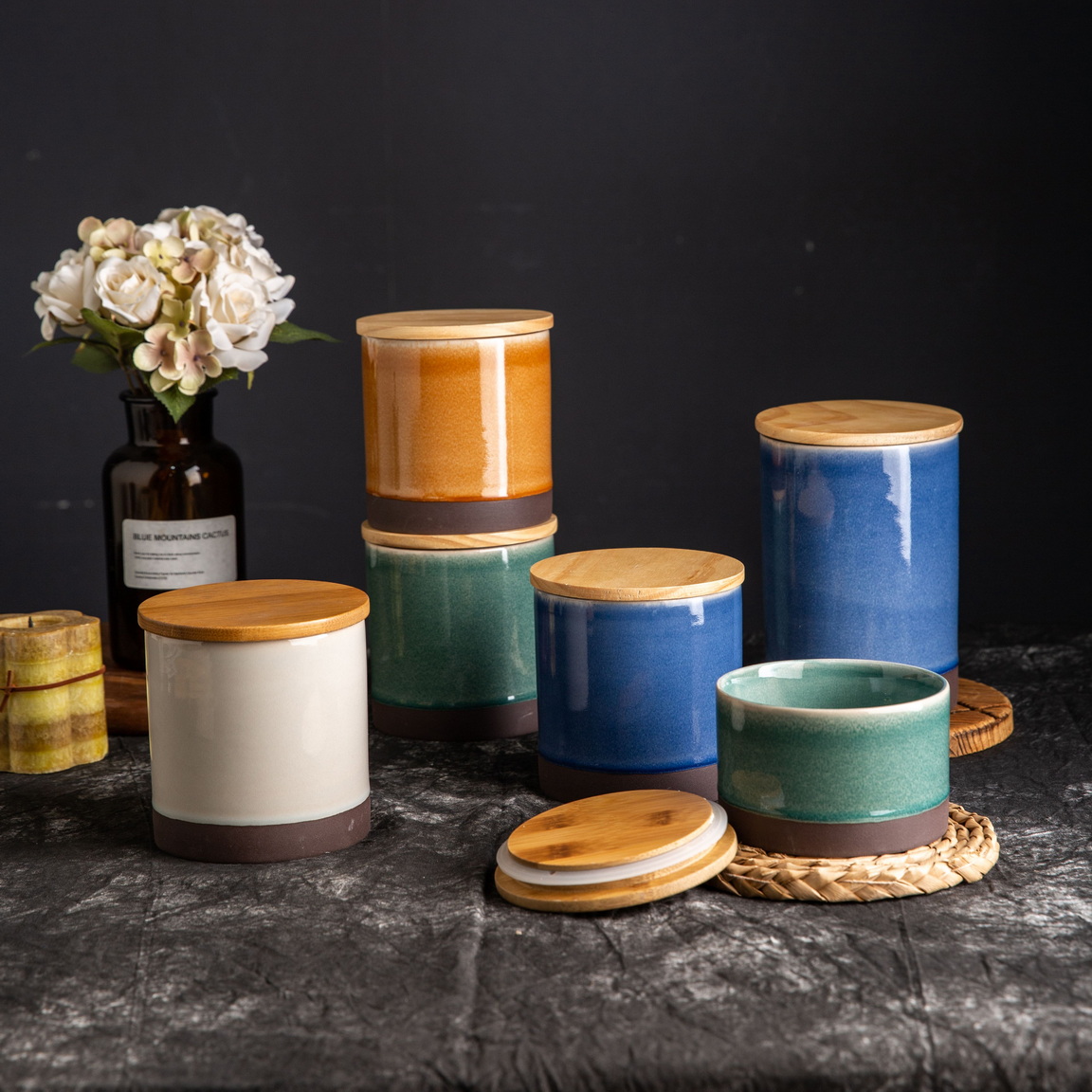Stoneware Reactive Glaze Jar with Bamboo Lid