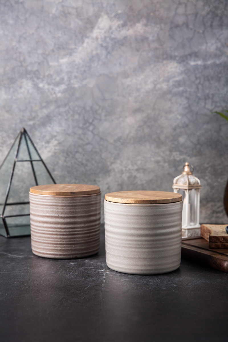 Stoneware Jar with Bamboo Lid Reactive Glaze with Stripes YX076