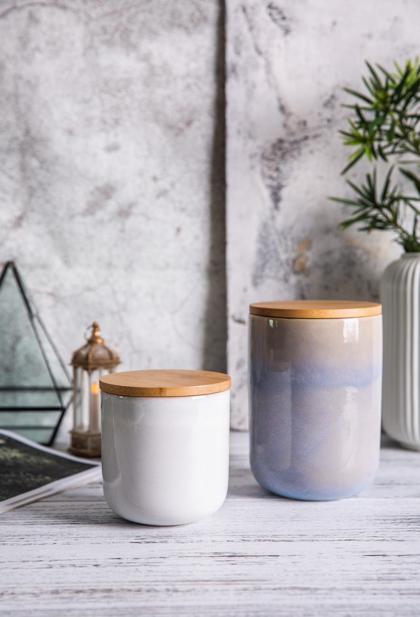 Stoneware Jar with Bamboo Lid Reactive Glaze YX