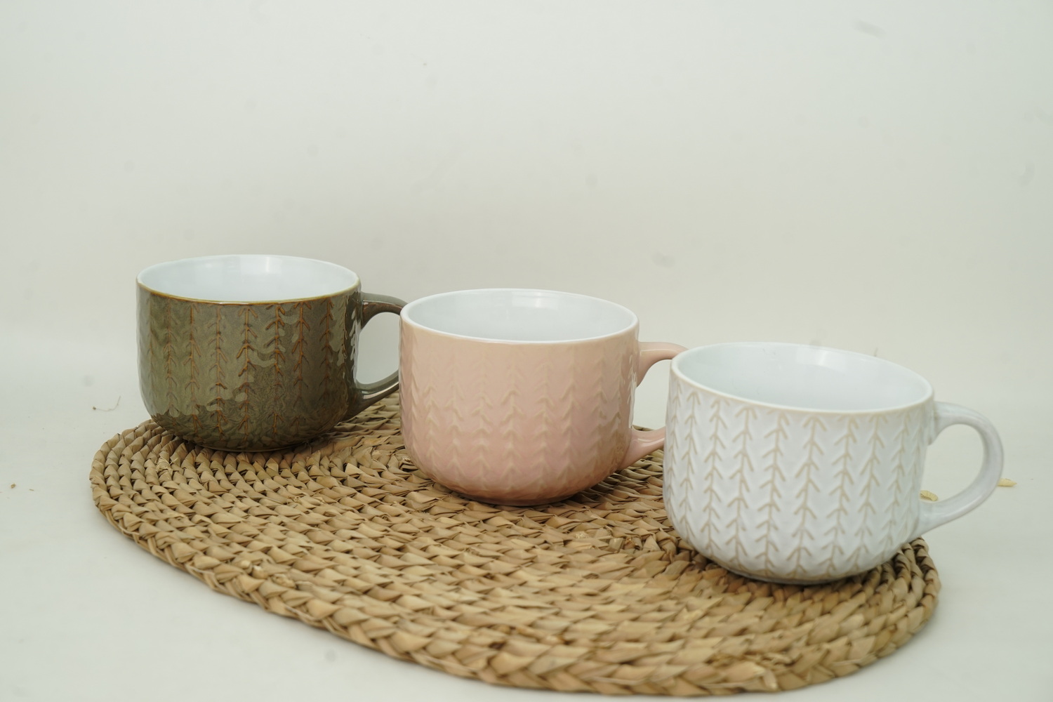 Stoneware Soup Mug Reactive Glaze Embossed Pattern
