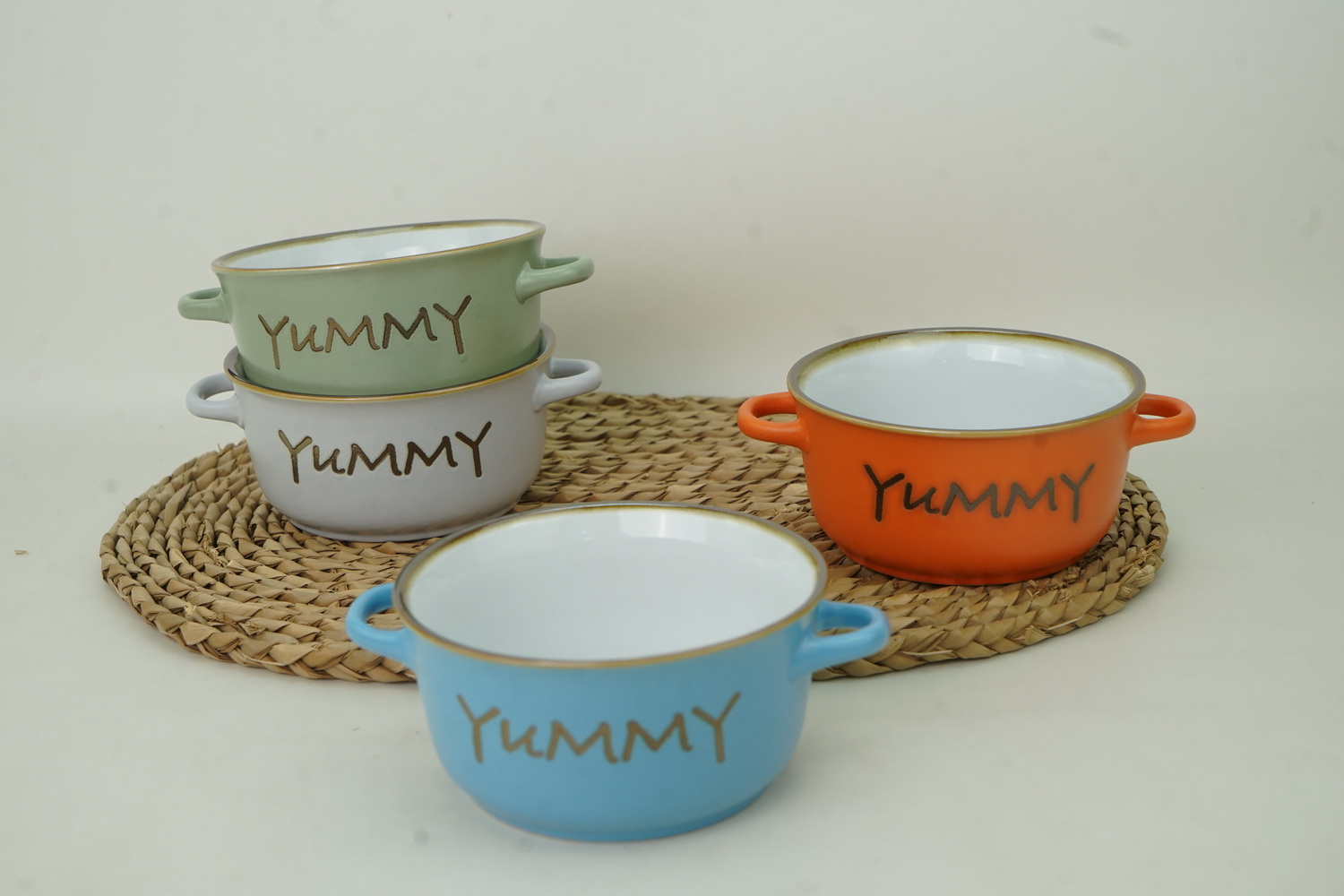 Stoneware Double Ear Soup Bowl with Metallic Words K676