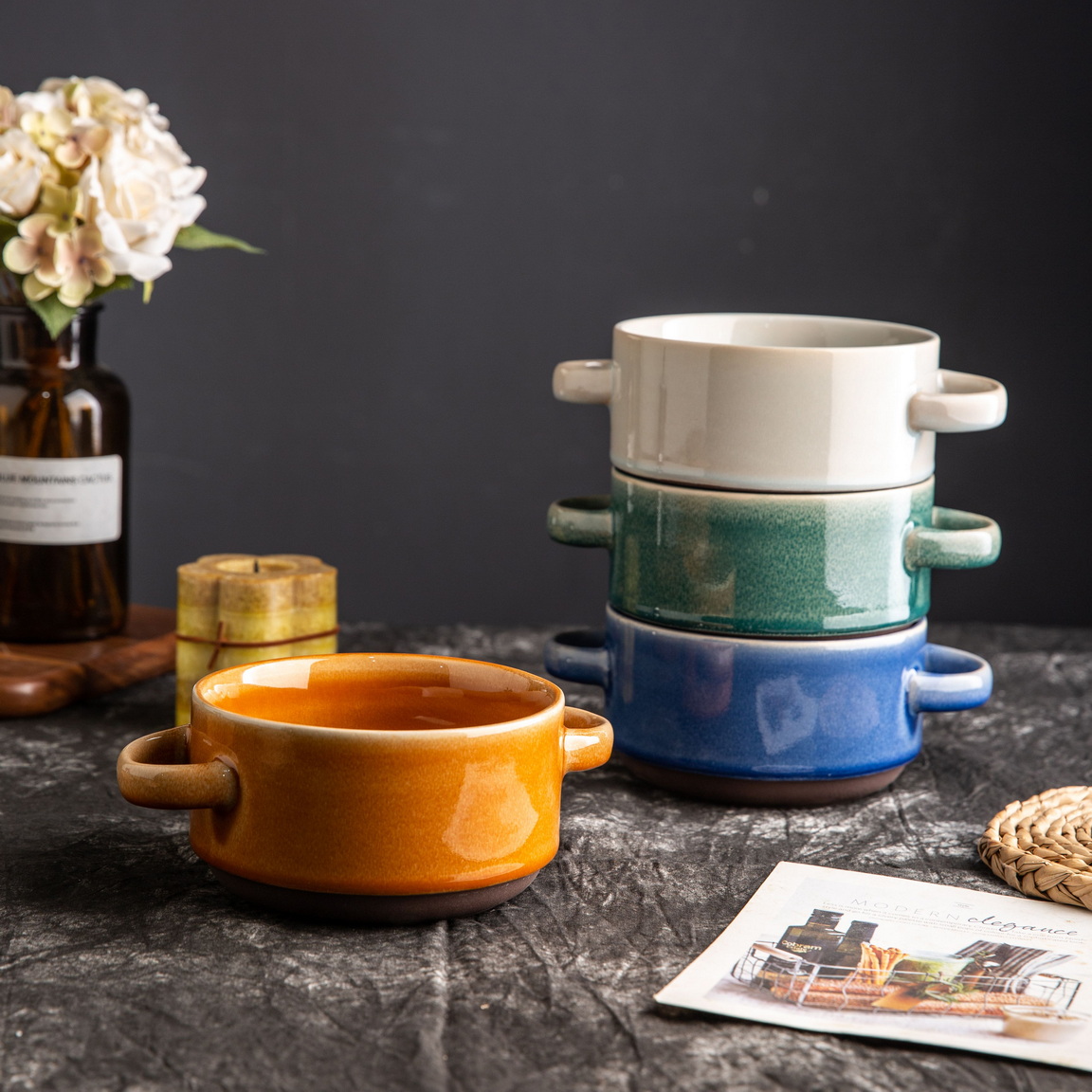 Stoneware Reactive Glaze Double Ear Bowl Set