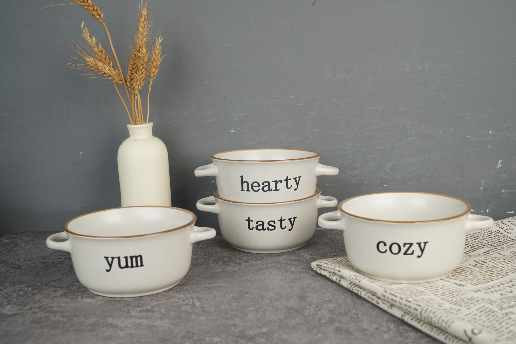 Stoneware Double Ear Soup Bowl Embossed with Words BH821