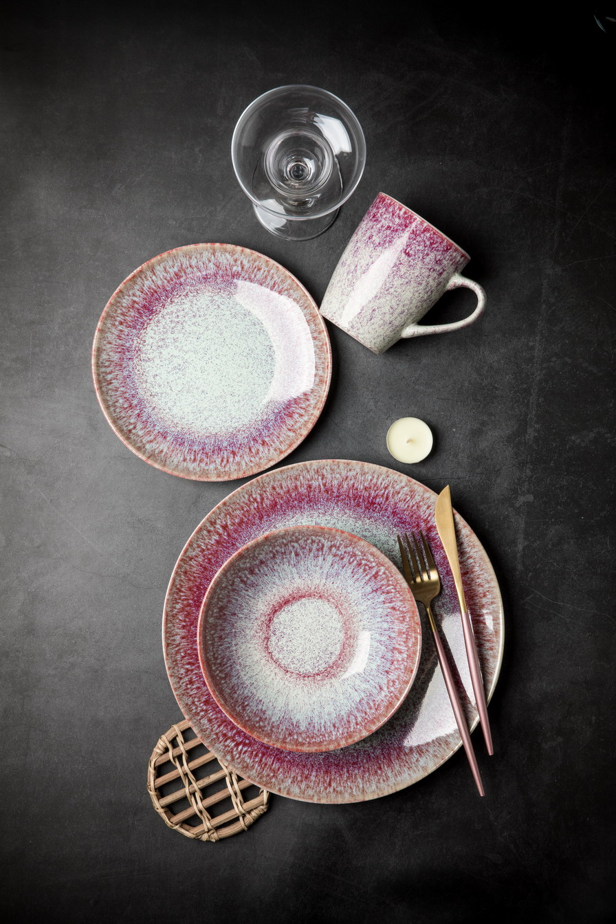 Stoneware Pink Color Reactive Glaze Dinnerware Set QX683