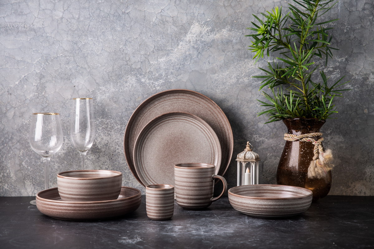 Stoneware Dinnerware Set Matte Reactive Glaze Embossed Lines YX076