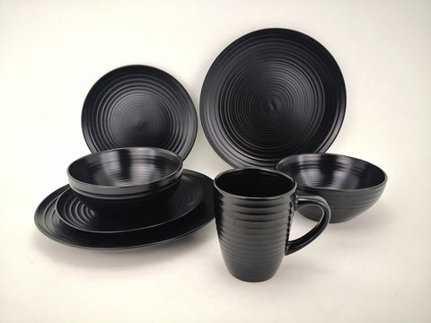 Stoneware Embossed Lines Classic Black and White Dinnerware Set
