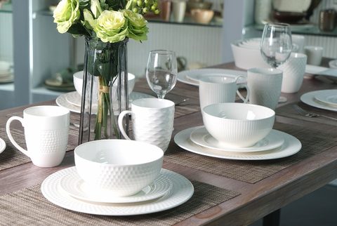 New Bone China Dinnerware Set Pure White with Embossed Pattern