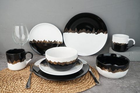 Stoneware Dinnerware Set Black and White Color with Metal Glaze