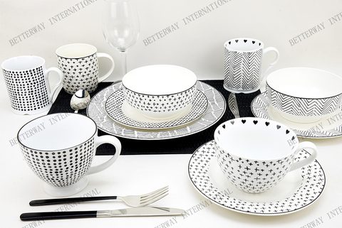 New Bone China Dinnerware with Black & White Geometric Patterns
