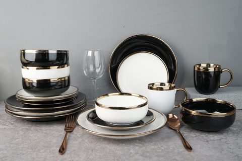 Stoneware Black and White Color Dinnerware Set with Metallic Rim