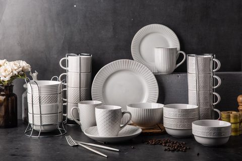 Stoneware White Dinnerware Set Embossed Pattern