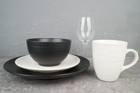Stoneware Embossed Lines Classic Black and White Dinnerware Set