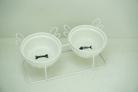 2x New Bone China 275ml Pet Bowl with Cartoon Shaped Iron Holder PE9010