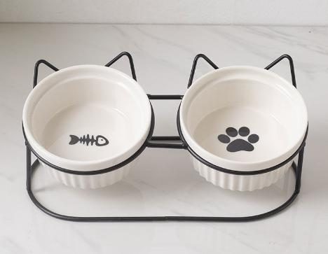 2x New Bone China 300ml Pet Bowl with Cartoon Shaped Iron Holder PE9020