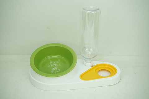 1x Stoneware 350ml Pet Bowl with Plastic Holder and Bottle PE9043