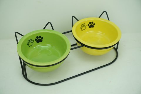 2x Stoneware 250ml Pet Bowl with Cartoon Shaped Iron Holder PE9064