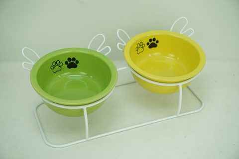 2x Stoneware 250ml Pet Bowl with Cartoon Shaped Iron Holder PE9065