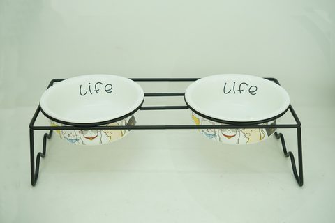2x Stoneware 550ml Pet Bowl with Iron Holder PE9076