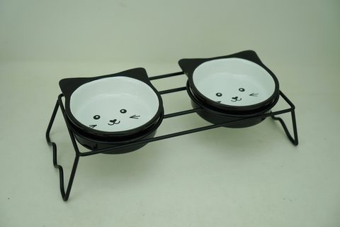 2x Stoneware 225ml Pet Bowl with Iron Holder PE9085