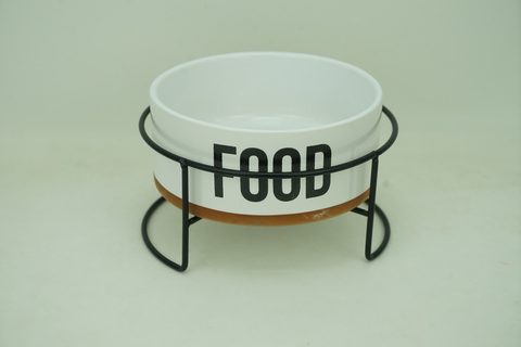 1x Stoneware 650ml Pet Bowl with Iron Holder PE9089
