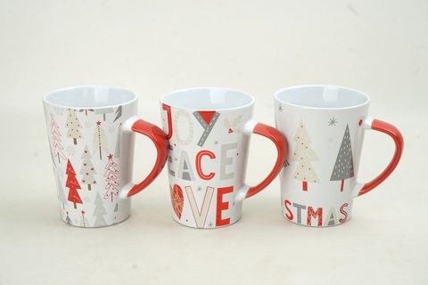 Stoneware Conical Mug Red Handle with Christmas Design