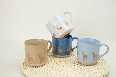 Stoneware Christmas Mug Set Reactive Glaze Embossed Pattern