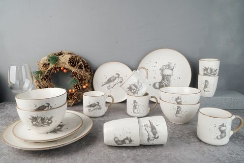Stoneware Dinnerware Set Reactive Rim Printing with Christmas Design BH748