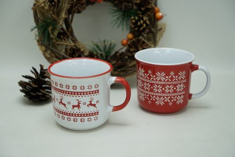 Stoneware Mug with Colored Rim and Handle Christmas Design K688