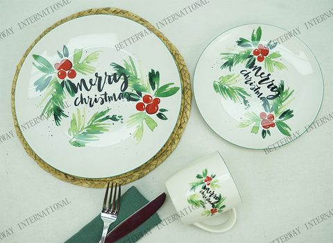 New Bone China Dinnerware with Christmas Design & Green Rim