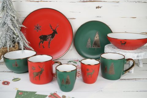 Stoneware Dinnerware Set Red/green with Metallic Pattern BH831