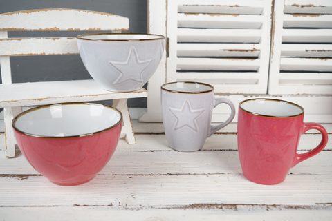Stoneware Mug Bowl Set Embossed Metallic Pattern BH882