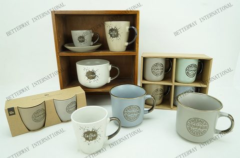 Stoneware Mug with Metallic Engraved Coffee Pattern, Handle with Metallic Glaze