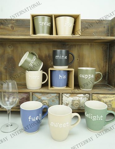Stoneware Coffee Mug Matte Reactive Glaze with Embossed White Words