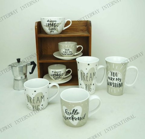 Porcelain Coffee Mug with Light Grey Background & Black Words Design