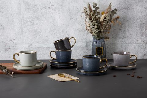 Stoneware Coffee Cup and Saucer Reactive Glaze with Gold Rim YX