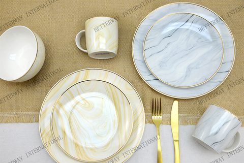 New Bone China Dinnerware with Marble Design & Gold Rim