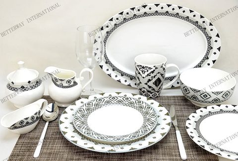 New Bone China Dinnerware with Black & White Baroque Design