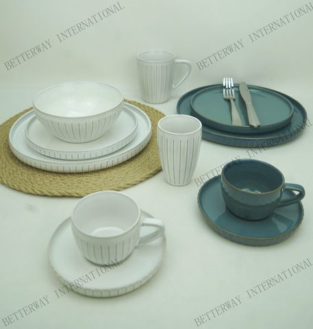 Stoneware Dinnerware Outside Embossed Rib with Reactive Glaze