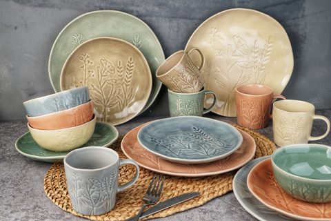 Stoneware Reactive Glaze Dinnerware Set Embossed Herbs Pattern