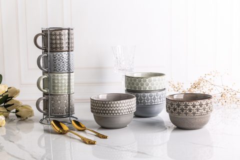 Stoneware Stackable Mug Bowl Set Reactive Glaze Embossed Pattern
