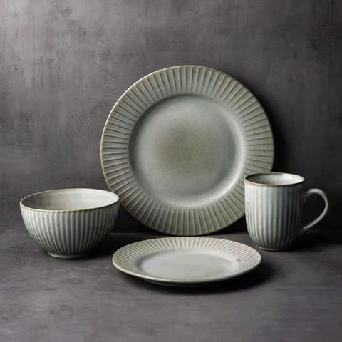 Stoneware Dinnerware Set Reactive Glaze Embossed Lines