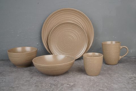 Stoneware Brown Color Dinnerware Set Embossed Lines with Speckle BH823